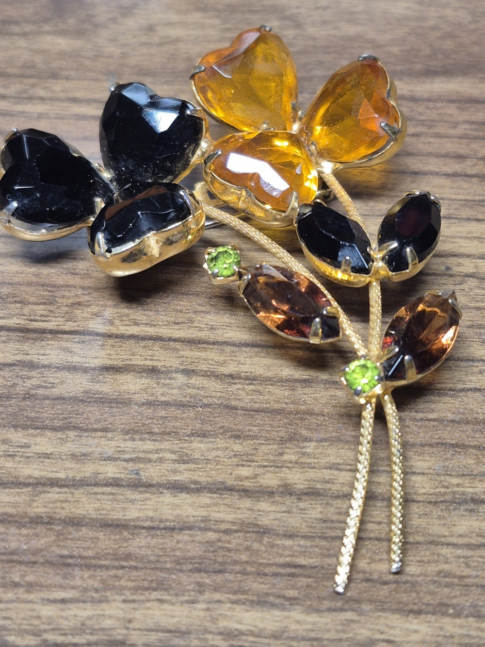 Gold-Tone Floral Crystal Brooch in Amber, Black & Green - Unbranded